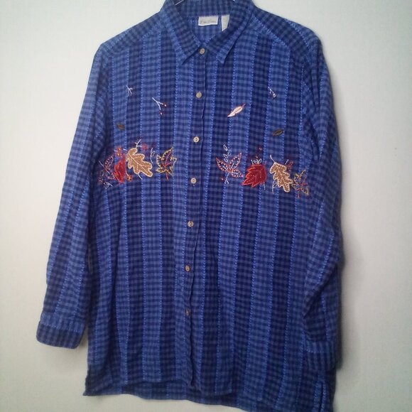 Bobbie Brooks Shirt L Women Long Sleeve Fall Leaves Button Up Plaid Blue - Picture 14 of 15